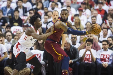 Toronto Raptors OG Anunoby during 1st half action against Cleveland Cavaliers LeBron James in Eastern Conference Semifinals at the Air Canada Centre at the Air Canada Centre in Toronto, Ont. on Tuesday May 1, 2018. Ernest Doroszuk/Toronto Sun/Postmedia Network