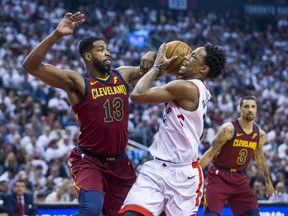Toronto Raptors DeMar DeRozan during 1st half action against Cleveland Cavaliers Tristan Thompson in Eastern Conference Semifinals at the Air Canada Centre in Toronto, Ont. on Tuesday May 1, 2018. Ernest Doroszuk/Toronto Sun/Postmedia Network
