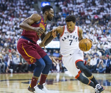 Toronto Raptors Kyle Lowry during 1st half action against Cleveland Cavaliers Jeff Green in Eastern Conference Semifinals at the Air Canada Centre at the Air Canada Centre in Toronto, Ont. on Tuesday May 1, 2018. Ernest Doroszuk/Toronto Sun/Postmedia Network
