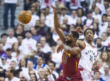Toronto Raptors DeMar DeRozan during 1st half action against Cleveland Cavaliers Tristan Thompson in Eastern Conference Semifinals at the Air Canada Centre at the Air Canada Centre in Toronto, Ont. on Tuesday May 1, 2018. Ernest Doroszuk/Toronto Sun/Postmedia Network