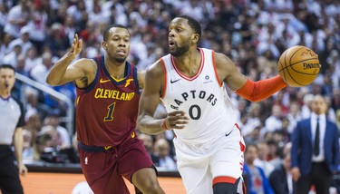 Toronto Raptors CJ Miles during 1st half action against Cleveland Cavaliers Rodney Hood in Eastern Conference Semifinals at the Air Canada Centre at the Air Canada Centre in Toronto, Ont. on Tuesday May 1, 2018. Ernest Doroszuk/Toronto Sun/Postmedia Network