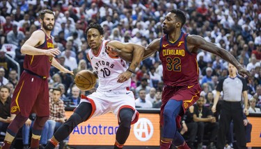 Toronto Raptors DeMar DeRozan during 1st half action against Cleveland Cavaliers Jeff Green in Eastern Conference Semifinals at the Air Canada Centre at the Air Canada Centre in Toronto, Ont. on Tuesday May 1, 2018. Ernest Doroszuk/Toronto Sun/Postmedia Network