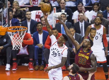 Toronto Raptors Delon Wright during 1st half action against Cleveland Cavaliers Jeff Green in Eastern Conference Semifinals at the Air Canada Centre at the Air Canada Centre in Toronto, Ont. on Tuesday May 1, 2018. Ernest Doroszuk/Toronto Sun/Postmedia Network