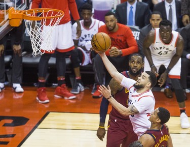 Toronto Raptors Fred VanVleet during 1st half action against Cleveland Cavaliers LeBron James in Eastern Conference Semifinals at the Air Canada Centre at the Air Canada Centre in Toronto, Ont. on Tuesday May 1, 2018. Ernest Doroszuk/Toronto Sun/Postmedia Network