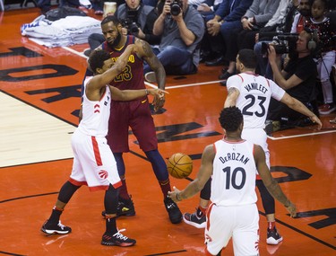 Toronto Raptors Fred VanVleet during 1st half action against Cleveland Cavaliers LeBron James in Eastern Conference Semifinals at the Air Canada Centre at the Air Canada Centre in Toronto, Ont. on Tuesday May 1, 2018. Ernest Doroszuk/Toronto Sun/Postmedia Network