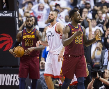 Toronto Raptors Jonas Valanciunas reacts to a play that didn't go as planned towards the end of the 4th quarter against Cleveland Cavaliers in Eastern Conference Semifinals at the Air Canada Centre at the Air Canada Centre in Toronto, Ont. on Tuesday May 1, 2018. Ernest Doroszuk/Toronto Sun/Postmedia Network