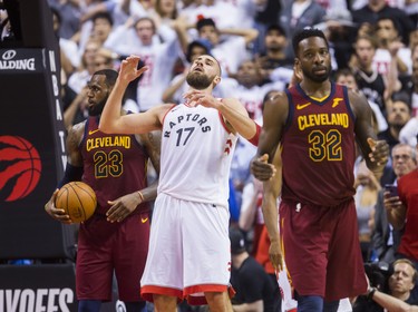 Toronto Raptors Jonas Valanciunas reacts to a play that didn't go as planned towards the end of the 4th quarter against Cleveland Cavaliers in Eastern Conference Semifinals at the Air Canada Centre at the Air Canada Centre in Toronto, Ont. on Tuesday May 1, 2018. Ernest Doroszuk/Toronto Sun/Postmedia Network