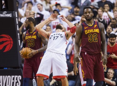 Toronto Raptors Jonas Valanciunas reacts to a play that didn't go as planned towards the end of the 4th quarter against Cleveland Cavaliers in Eastern Conference Semifinals at the Air Canada Centre at the Air Canada Centre in Toronto, Ont. on Tuesday May 1, 2018. Ernest Doroszuk/Toronto Sun/Postmedia Network