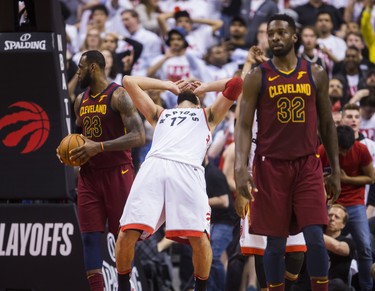Toronto Raptors Jonas Valanciunas reacts to a play that didn't go as planned towards the end of the 4th quarter against Cleveland Cavaliers in Eastern Conference Semifinals at the Air Canada Centre at the Air Canada Centre in Toronto, Ont. on Tuesday May 1, 2018. Ernest Doroszuk/Toronto Sun/Postmedia Network