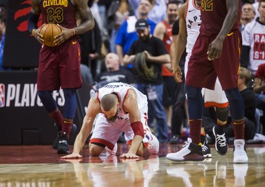 Toronto Raptors Jonas Valanciunas reacts to a play that didn't go as planned towards the end of the 4th quarter against Cleveland Cavaliers in Eastern Conference Semifinals at the Air Canada Centre at the Air Canada Centre in Toronto, Ont. on Tuesday May 1, 2018. Ernest Doroszuk/Toronto Sun/Postmedia Network