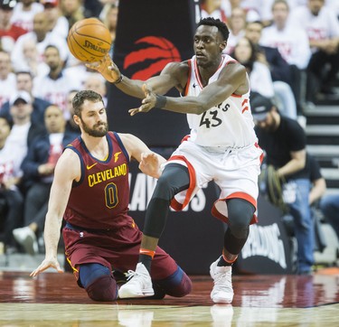 Toronto Raptors Pascal Siakam during 4th quarter action against Cleveland Cavaliers Kevin Love in Eastern Conference Semifinals at the Air Canada Centre at the Air Canada Centre in Toronto, Ont. on Tuesday May 1, 2018. Ernest Doroszuk/Toronto Sun/Postmedia Network