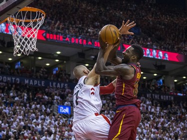 Toronto Raptors Jonas Valanciunas during 4th quarter action against Cleveland Cavaliers Jeff Green  in Eastern Conference Semifinals at the Air Canada Centre at the Air Canada Centre in Toronto, Ont. on Tuesday May 1, 2018. Ernest Doroszuk/Toronto Sun/Postmedia Network