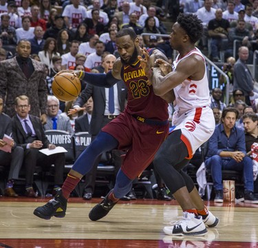 Toronto Raptors OG Anunoby during 4th quarter action against Cleveland Cavaliers LeBron James in Eastern Conference Semifinals at the Air Canada Centre at the Air Canada Centre in Toronto, Ont. on Tuesday May 1, 2018. Ernest Doroszuk/Toronto Sun/Postmedia Network