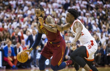 Toronto Raptors OG Anunoby during 4th quarter action against Cleveland Cavaliers LeBron James in Eastern Conference Semifinals at the Air Canada Centre at the Air Canada Centre in Toronto, Ont. on Tuesday May 1, 2018. Ernest Doroszuk/Toronto Sun/Postmedia Network