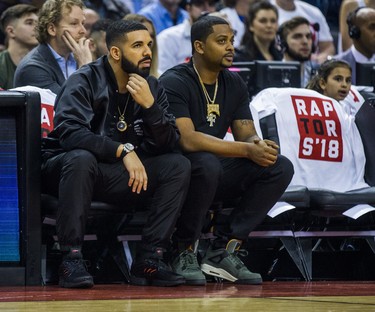 Rapper Drake, a global ambassador for the Toronto Raptors watches playoff action against the Cleveland Cavaliers at the Air Canada Centre at the Air Canada Centre in Toronto, Ont. on Tuesday May 1, 2018. Ernest Doroszuk/Toronto Sun/Postmedia Network