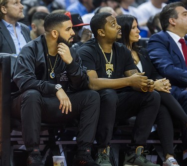 Rapper Drake, a global ambassador for the Toronto Raptors watches playoff action against the Cleveland Cavaliers at the Air Canada Centre at the Air Canada Centre in Toronto, Ont. on Tuesday May 1, 2018. Ernest Doroszuk/Toronto Sun/Postmedia Network