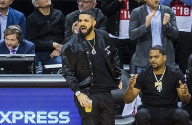 Rapper Drake, a global ambassador for the Toronto Raptors watches playoff action against the Cleveland Cavaliers at the Air Canada Centre at the Air Canada Centre in Toronto, Ont. on Tuesday May 1, 2018. Ernest Doroszuk/Toronto Sun/Postmedia Network