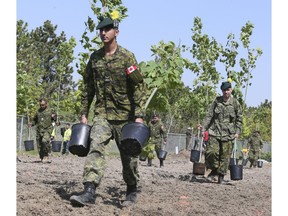 School children, members from the Rotary Club veterans and currently serving members of the Canadian Armed Forces plant 500 trees at Meadowvale Rd and the 401 on Thursday May 24, 2018. The Highway of Heroes Tree Campaign plans to plant 117,000 trees,one for every fallen Canadian soldier.