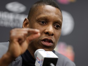 Raptors president Masai Ujiri speaks to the media at the Biosteel Centre in Toronto on Wednesday, May 9, 2018. (Dave Abel/Toronto Sun)