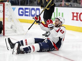Washington Capitals' Tom Wilson celebrates his goal during the third period in Game 1 of the Stanley Cup finals against the Vegas Golden Knights on Monday, May 28, 2018, in Las Vegas. (AP/PHOTO)