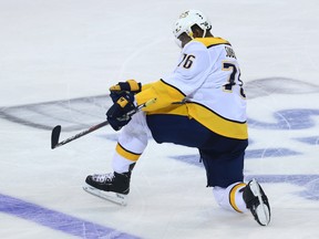 Nashville Predators defenceman P.K. Subban celebrates his second-period, power-play goal against the Jets during Game 4 of their second-round series on Friday night. (Kevin King/Winnipeg Sun/Postmedia) Network