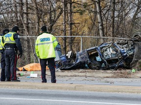 Police at the scene of a fatal crash at Jane St. and Sheppard Ave. on April 10, 2016. (Dave Thomas/Toronto Sun files)