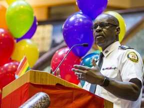 Toronto Police Chief Mark Saunders joins his officers at police headquarters on June 14 to mark an event that honoured  Pride. (Ernest Doroszuk,Toronto Sun)