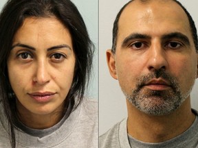 This combination of undated handout pictures released by the British Metropolitan Police Service in London shows Sabrina Kouider (L) and her partner Ouissem Medouni. (AFP/Getty Images)