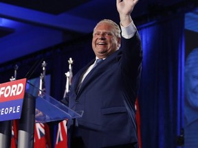Ontario PC leader Doug Ford speaks to supporters after winning a majority government in the Ontario provincial election in Toronto on June 7, 2018. THE CANADIAN PRESS/Mark Blinch
