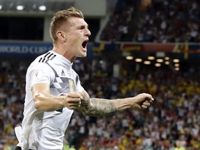 Germany's Toni Kroos celebrates after he scored his side's second goal during the group F match between Germany and Sweden at the 2018 soccer World Cup in the Fisht Stadium in Sochi, Russia, Saturday, June 23, 2018. (AP Photo/Frank Augstein)