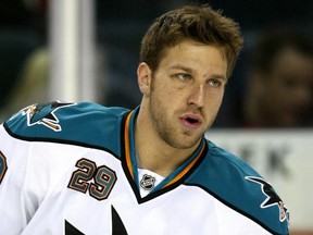 San Jose Sharks left wing Ryane Clowe before Game 4 of the 2008 NHL Western Conference Quarterfinals at Pengrowth Saddledome April 15, 2008 in Calgary.