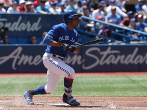 Toronto Blue Jays' Curtis Granderson hits a three-run home run in the fourth inning during MLB game action against the Baltimore Orioles at Rogers Centre on June 10, 2018 in Toronto.