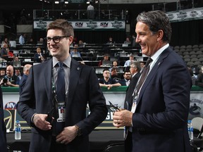 Kyle Dubas and Brendan Shanahan of the Toronto Maple Leafs chat prior to the first round of the 2018 NHL Draft at American Airlines Center on June 22, 2018 in Dallas, Texas. (Photo by Bruce Bennett/Getty Images)