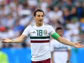 Andres Guardado of Mexico reacts during the 2018 FIFA World Cup Russia group F match between Korea Republic and Mexico at Rostov Arena on June 23, 2018 in Rostov-on-Don, Russia.