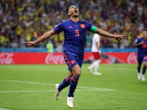 Radamel Falcao of Colombia celebrates after scoring his team's second goal during the 2018 FIFA World Cup Russia group H match between Poland and Colombia at Kazan Arena on June 24, 2018 in Kazan, Russia. (Julian Finney/Getty Images)