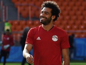 Egypt's forward Mohamed Salah takes part in a training session at Ekaterinburg Stadium in Ekaterinburg on June 14, 2018, a day ahead the team's Russia 2018 World Cup Group A opening football match against Uruguay. (Anne-Christine Poujoulat/Getty Images)