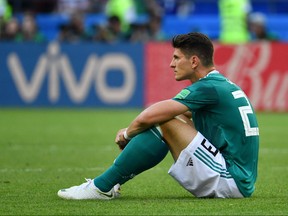 Germany's forward Mario Gomez reacts at the end of the Russia 2018 World Cup Group F football match between South Korea and Germany at the Kazan Arena in Kazan on June 27, 2018. (SAEED KHAN/AFP/Getty Images)