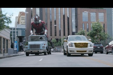 Ant-Man goes car surfing in a scene from Ant-Man and The Wasp. (Marvel Studios)