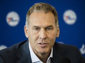Philadelphia 76ers general manager Bryan Colangelo speaks during a news conference in Camden, N.J. Colangelo is denying a report connecting the executive to Twitter accounts that criticized Sixers players Joel Embiid and Markelle Fultz, among other NBA figures. The accounts also took aim at former Sixers GM Sam Hinkie, Toronto Raptors executive Masai Ujiri and former Sixers players Jahlil Okafor and Nerlens Noel, according to a report by The Ringer. (AP/PHOTO)