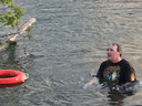 Oshawa resident Chris LaRocque is seeing in Lake Ontario attempting to swim back to the Budweiser Stage on Tuesday night.