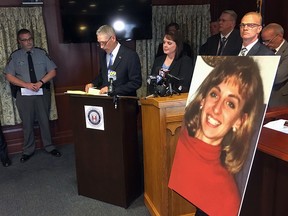 Lancaster County District Attorney Craig Stedman announces charges in a 1992 cold case killing during a news conference at the Lancaster County Courthouse in Lancaster, Pa., Monday, June 25, 2018. (AP Photo/Mark Scolforo)