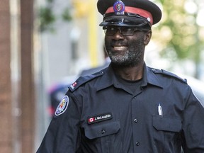 Toronto Police Const. Junior McLaughlin leaves Toronto Police Service headquarters in downtown Toronto, Ont. on Tuesday June 5, 2018. Ernest Doroszuk/Toronto Sun