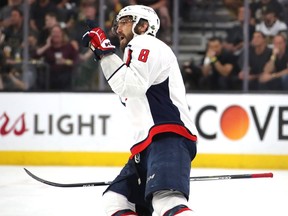 Alex Ovechkin of the Washington Capitals celebrates his second-period goal against the Vegas Golden Knights in Game 5 of the Stanley Cup Final at T-Mobile Arena on June 7, 2018