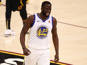 Draymond Green of the Golden State Warriors reacts against the Cleveland Cavaliers during Game 3 of the NBA Finals at Quicken Loans Arena on June 6, 2018