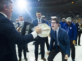 Toronto Marlies and Maple Leafs GM Kyle Dubas reacts after winning the AHL Calder Cup championship against the Texas Stars in Toronto on Thursday, June 14, 2018. (NATHAN DENETTE/THE CANADIAN PRESS)