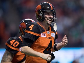 In this Nov. 5, 2016 file photo, B.C. Lions kicker Paul McCallum celebrates a field goal against the Saskatchewan Roughriders.