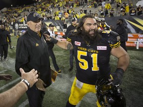 Tiger-Cats offensive lineman Mike Filer (right) is about to embark on his seventh season in Hamilton. (Peter Power/The Canadian Press)