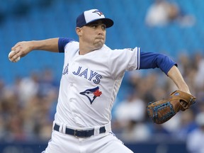 Toronto Blue Jays starting pitcher Aaron Sanchez throws against the Washington Nationals in the first inning of their Interleague MLB baseball game in Toronto on Friday June 15, 2018. THE CANADIAN PRESS/Fred Thornhill