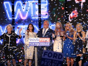 Ontario's Premier Doug Ford with his family on stage after addressing his supporters at the Toronto Congress Centre   on Thursday June 7, 2018. Jack Boland/Toronto Sun/Postmedia Network