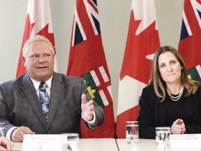 Minister of Foreign Affairs Chrystia Freeland, right, sits for a meeting with Ontario Premier-designate Doug Ford in Toronto, on Thursday, June 14, 2018. (THE CANADIAN PRESS/Nathan Denette)